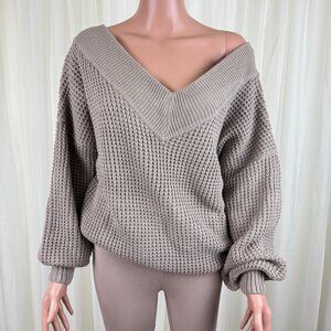 Women's Zenana V-Neck Off The Shoulder Waffle Knit Sweater Beige